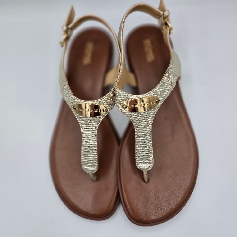 Michael Kors MK Plate Gold Leather T-Strap Thong Sandals Women's Size 10M Sz 10